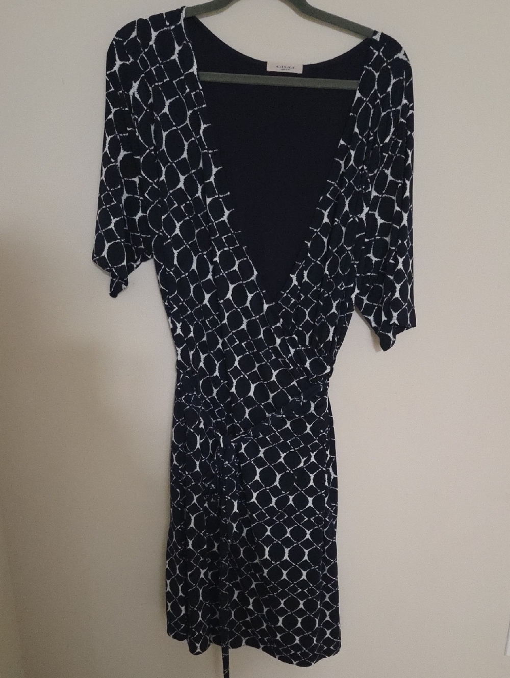 Gilli Dark Blue and White Geometric Wrap Dress